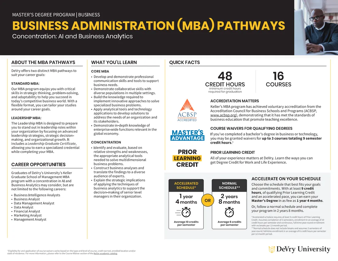 First page of the DeVry Keller MBA Pathways program flyer, AI and Business Analytics concentration